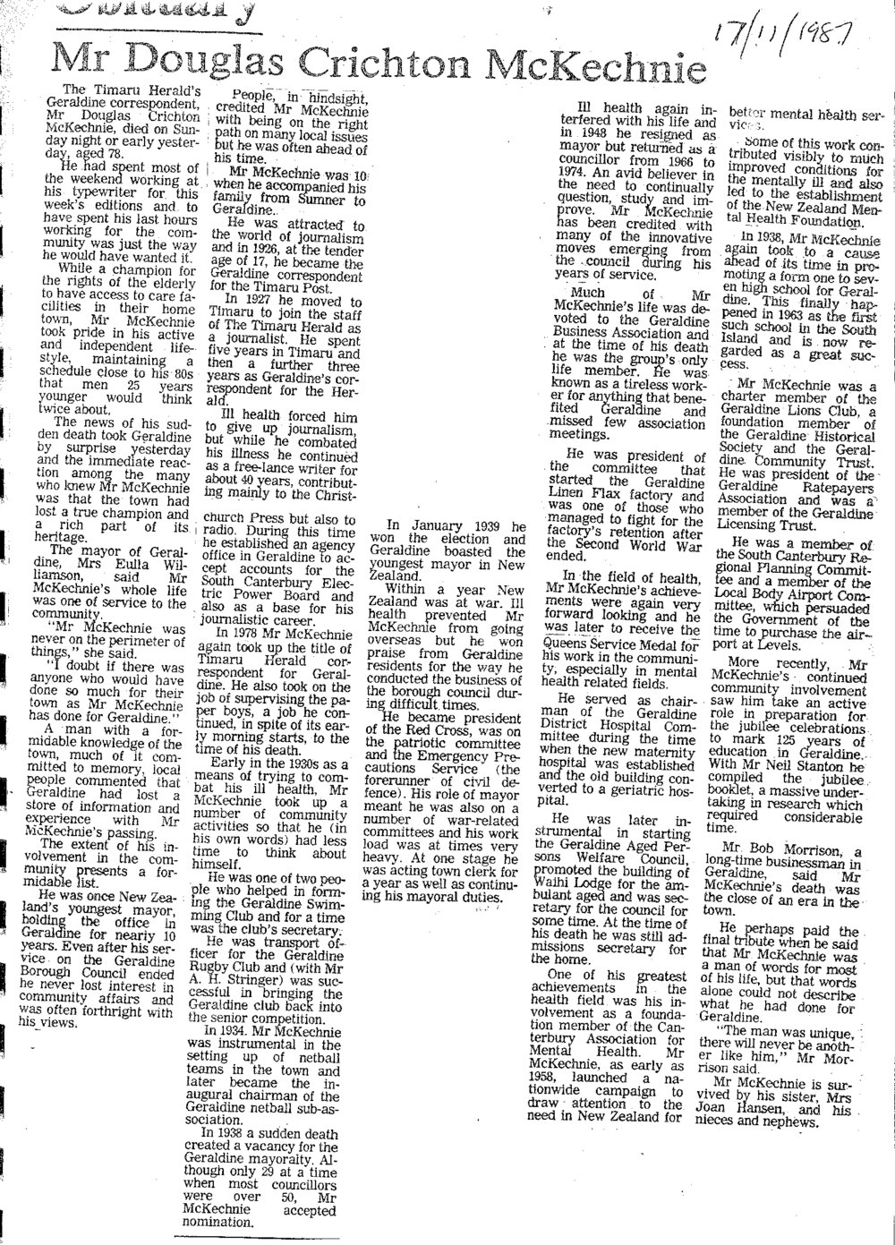 Obituary: Mr Douglas Crichton McKechnie