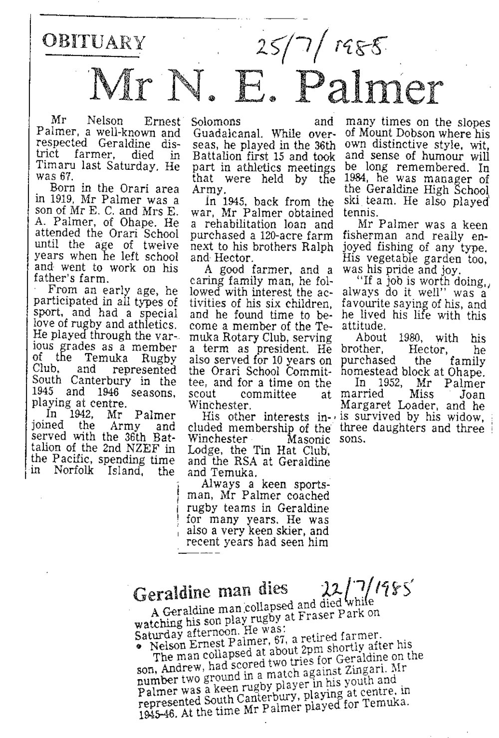 Obituary: Mr N E Palmer