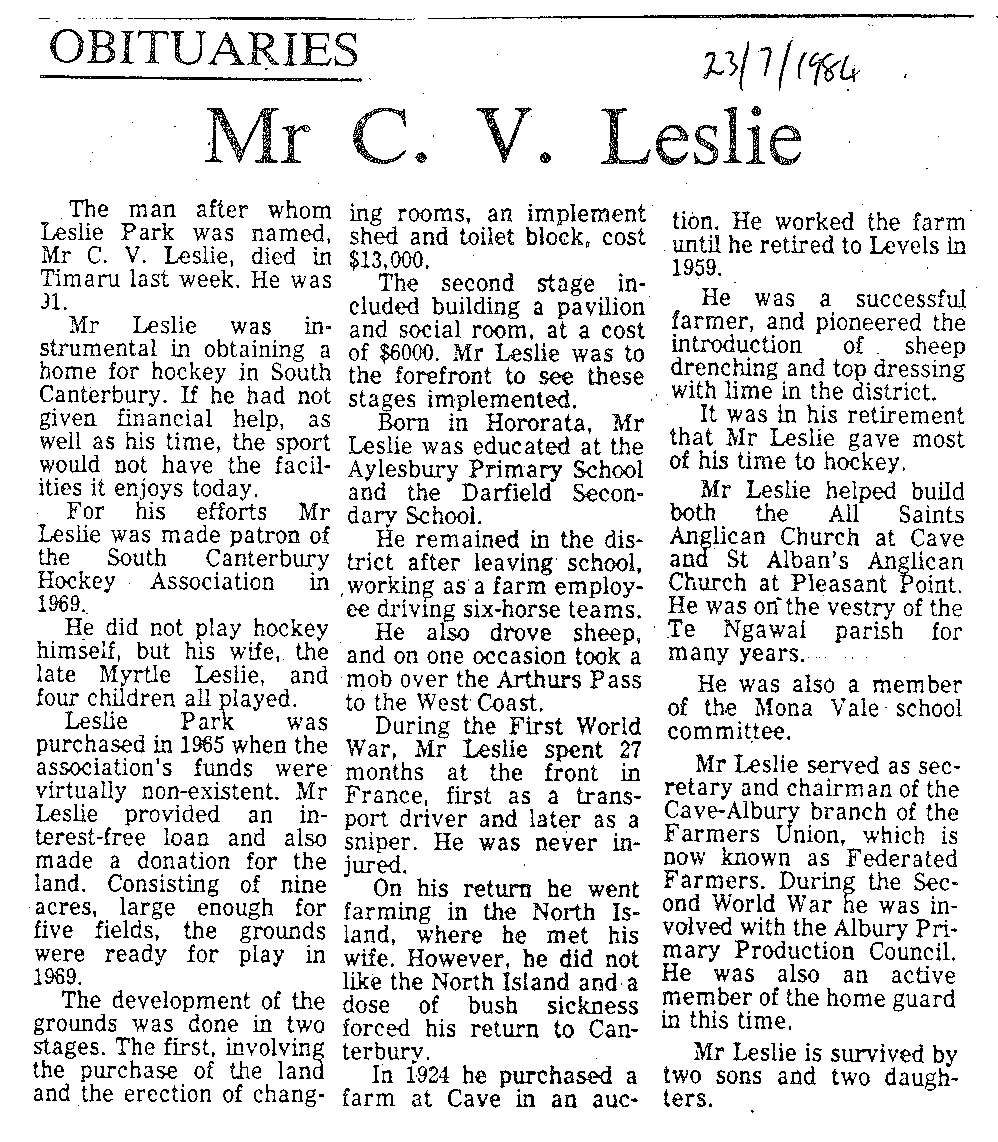 Obituary: Mr C V Leslie
