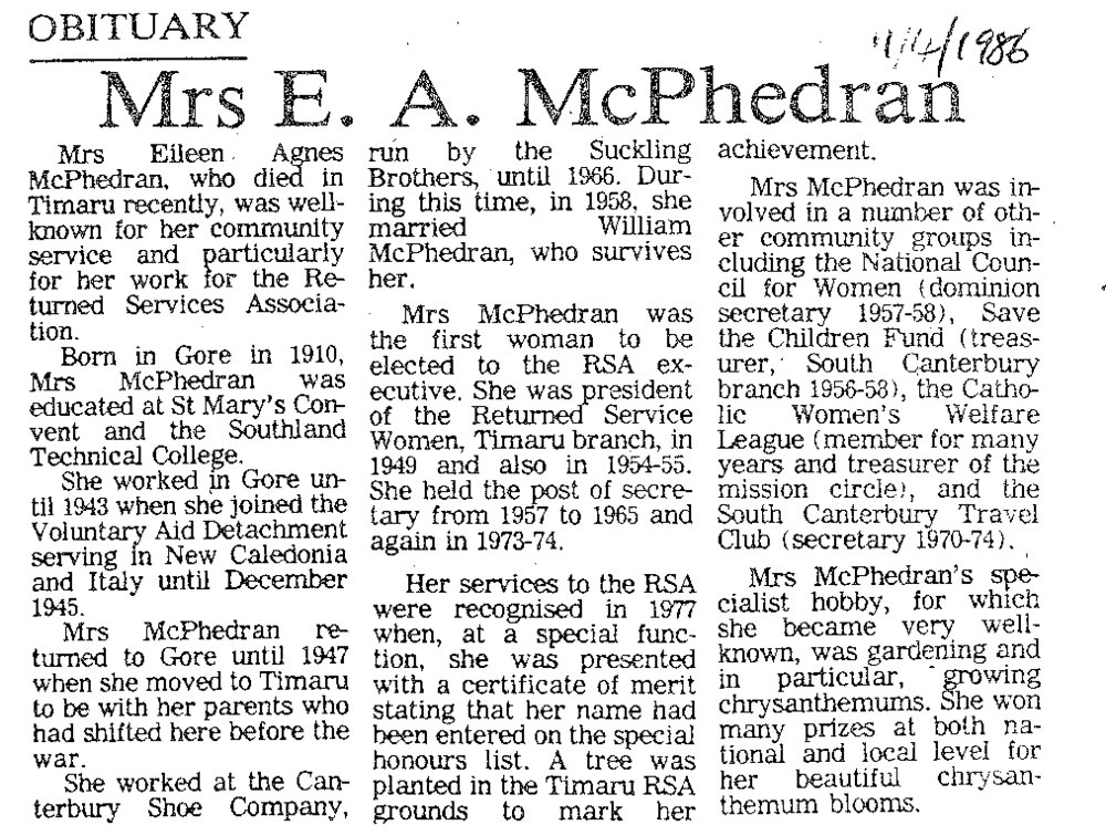 Obituary: Mrs E A McPhedran