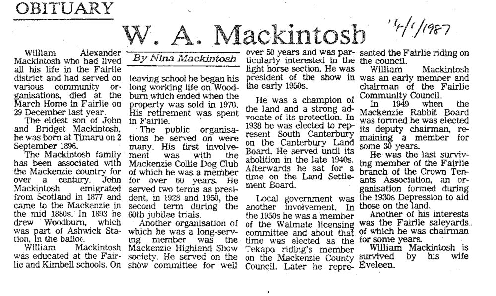 Obituary: W A Mackintosh