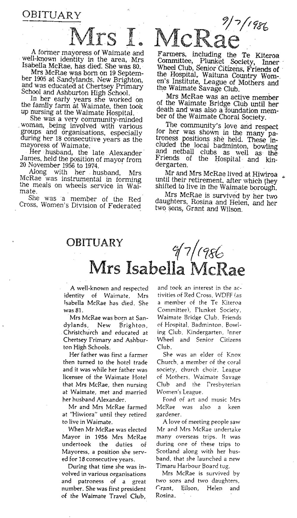 Obituary: Mrs Isabella McRae