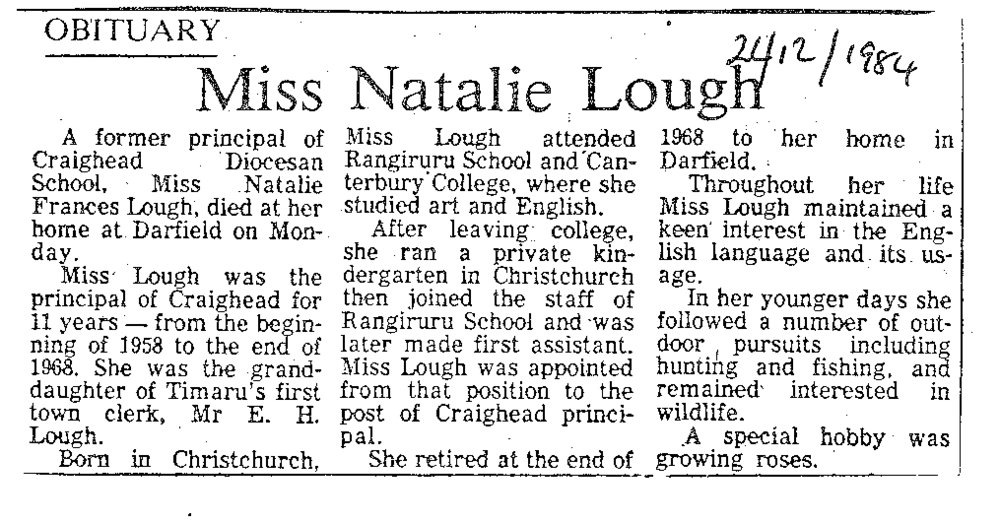 Obituary: Miss Natalie Lough