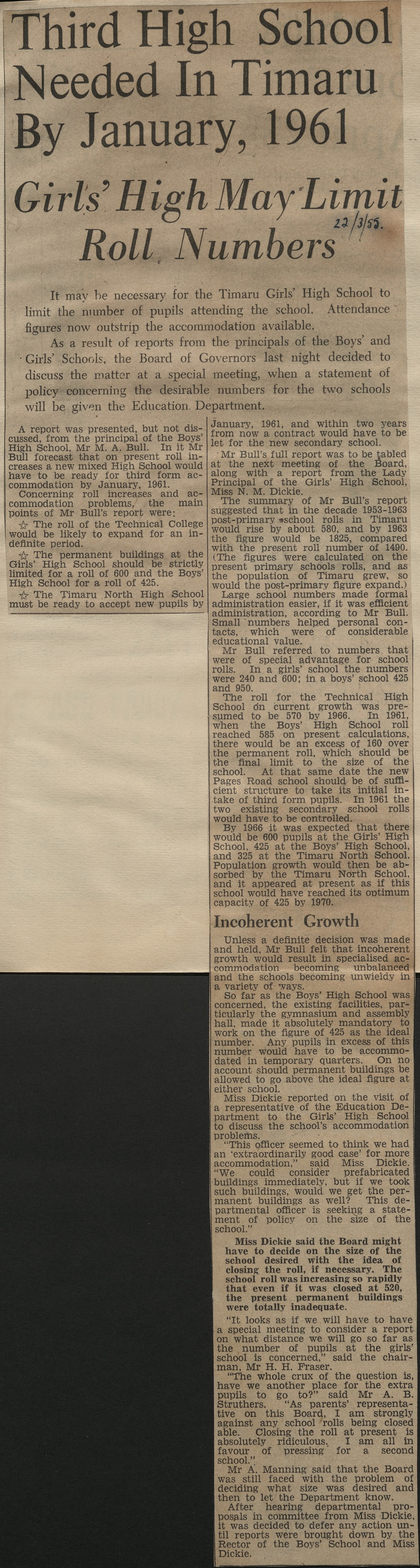 Third High School Needed in Timaru by January 1961
