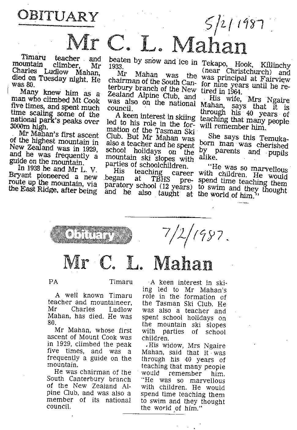 Obituary: Mr C L Mahan