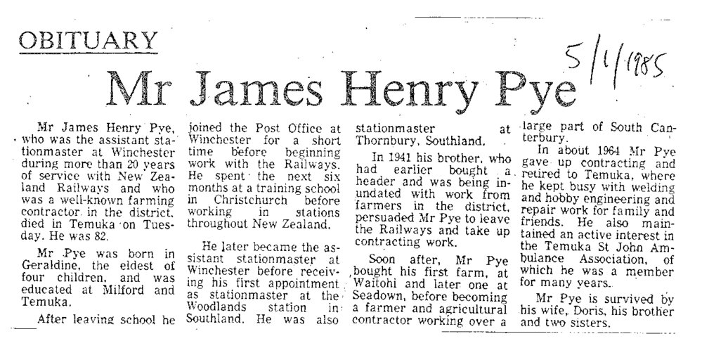 Obituary: Mr James Henry Pye