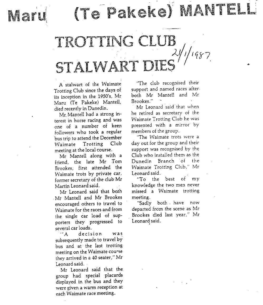 Obituary: Maru (Te Pakeke) Mantell, Trotting club stalwart dies