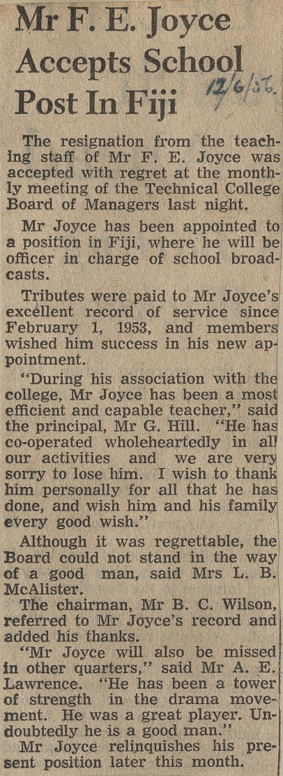 Mr F E Joyce Accepts School Post in Fiji