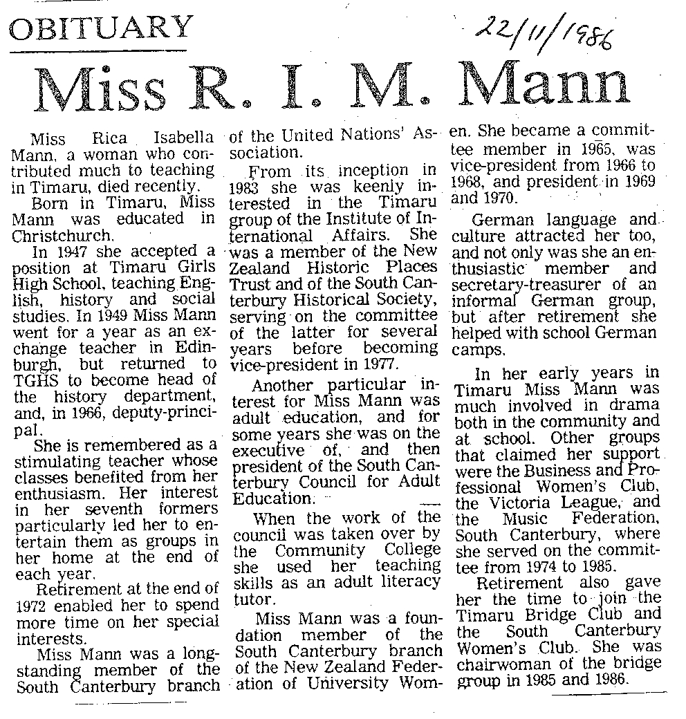 Obituary: Miss R I M Mann