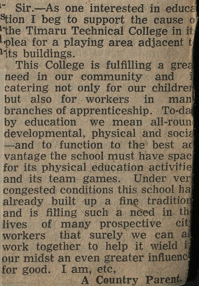 Letter to the Editor: Timaru Technical College sports field