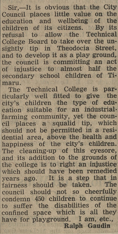 Letter to the Editor: Land for Timaru Technical College sports field