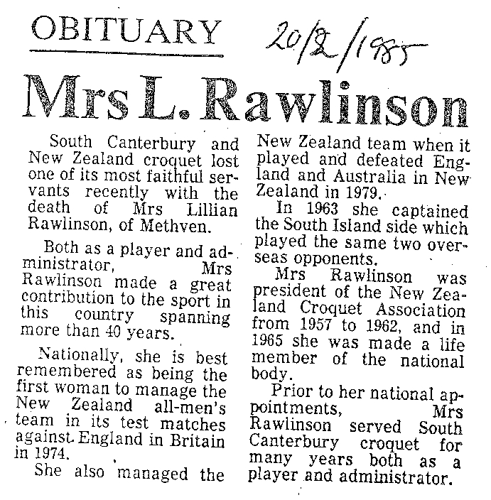 Obituary: Mrs L Rawlinson