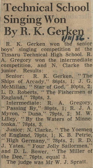 Technical School Singing Won by R K Gerken