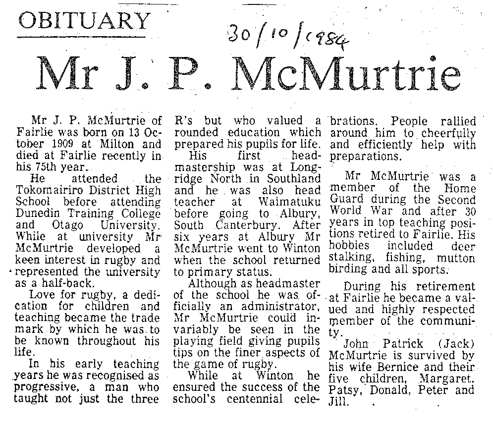 Obituary: Mr J P McMurtrie