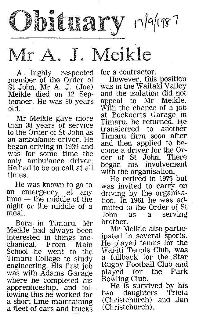 Obituary: Mr A J Meikle