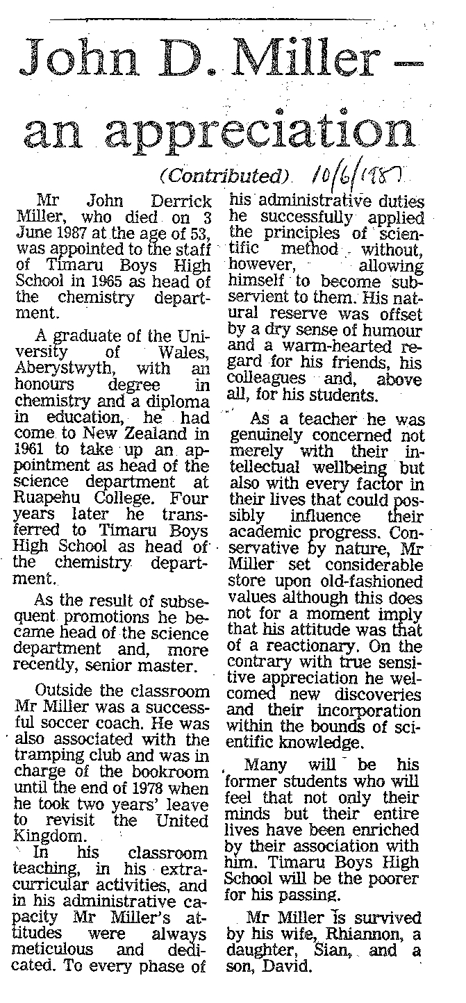Obituary: John D Miller - an appreciation