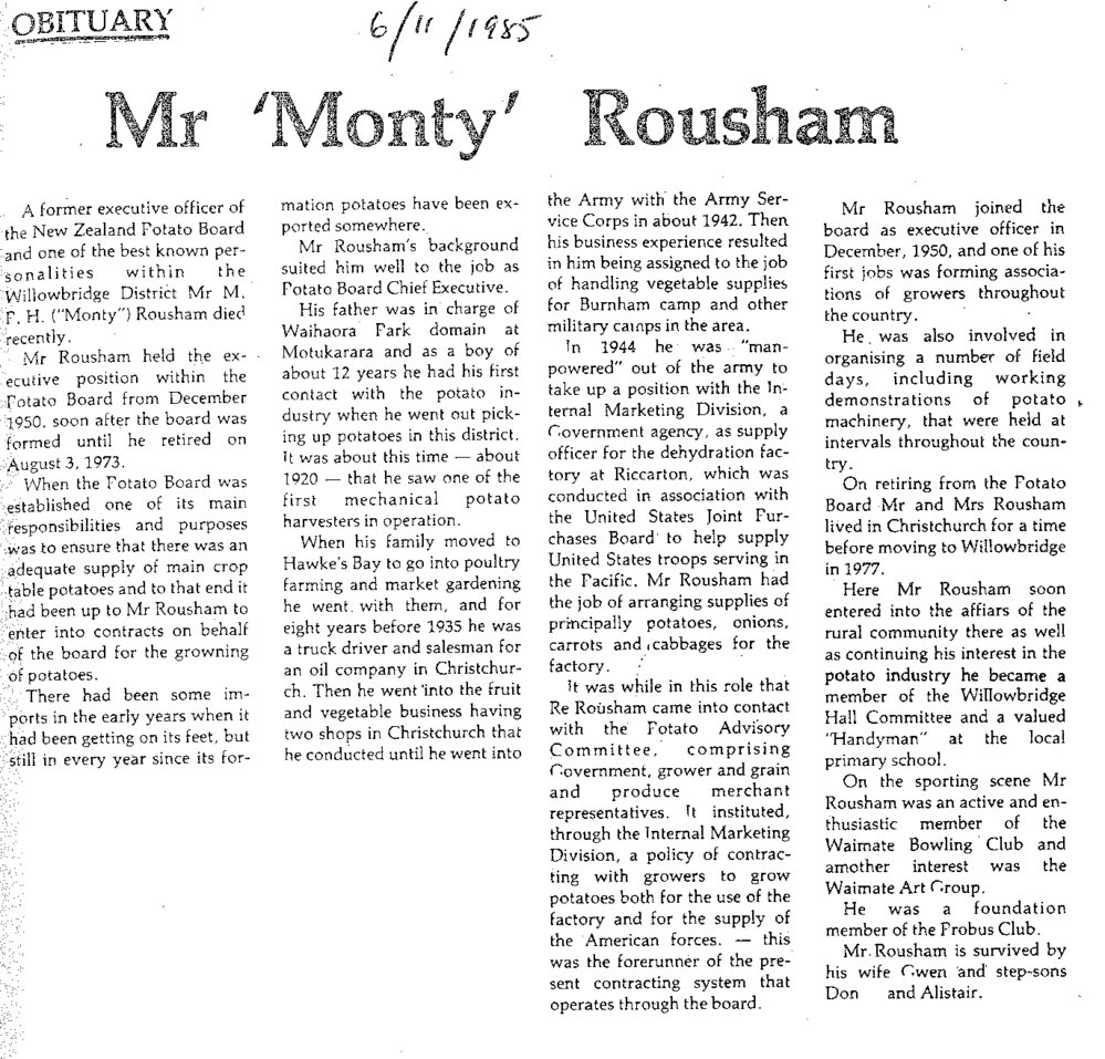 Obituary: Mr 'Monty' Rousham