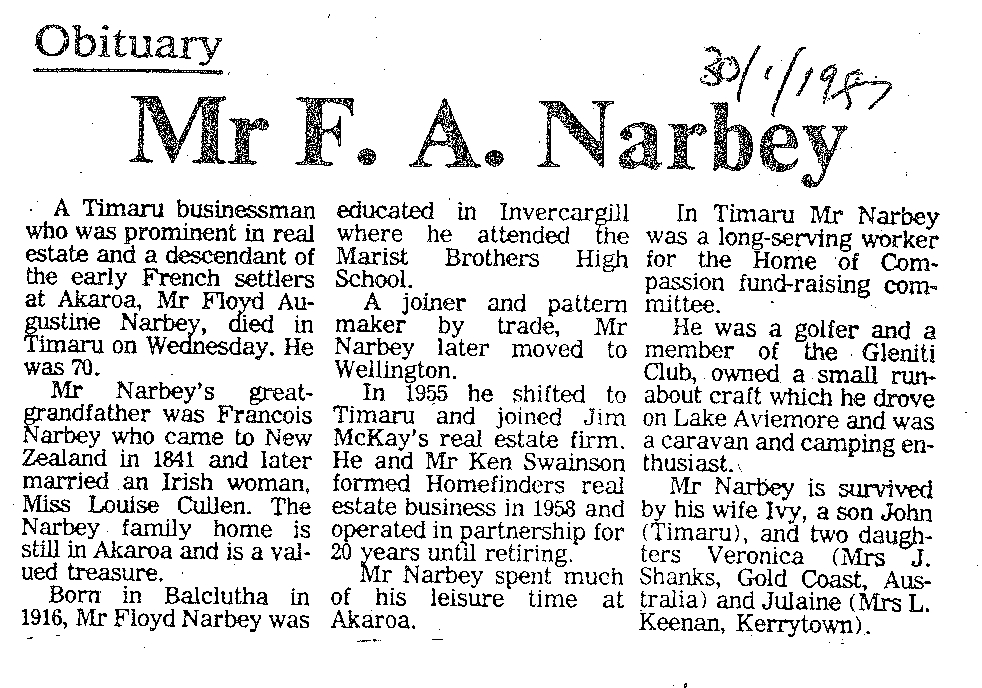 Obituary: Mr F A Narbey