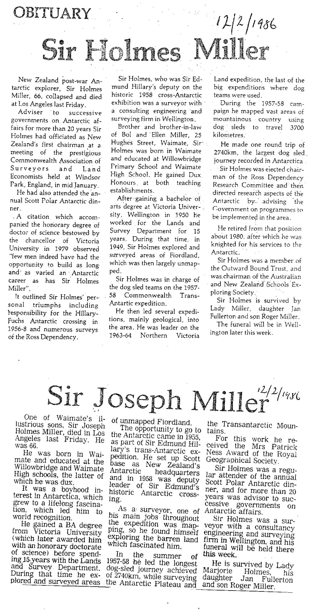 Obituary: Sir Joseph Holmes Miller