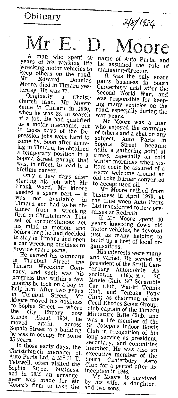 Obituary: Mr E D Moore