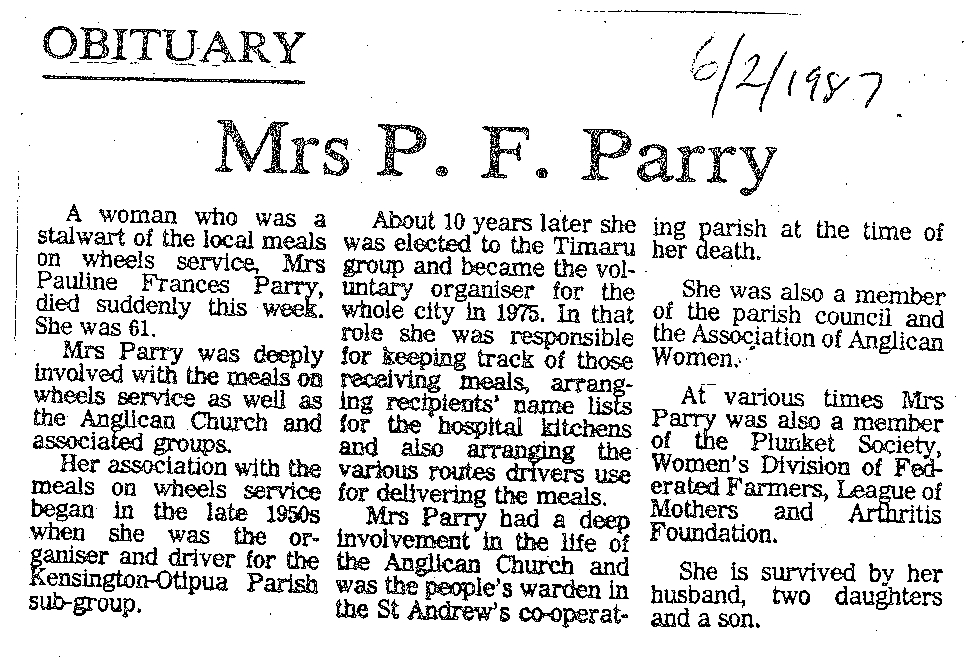 Obituary: Mrs P F Parry