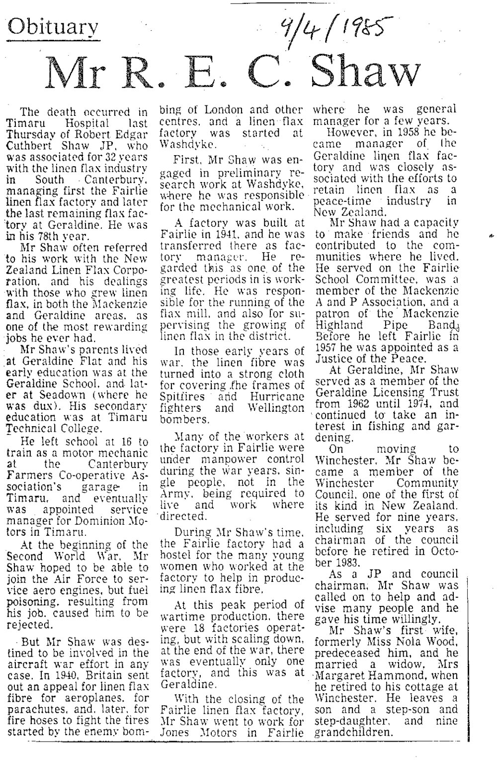 Obituary: MR R E C Shaw