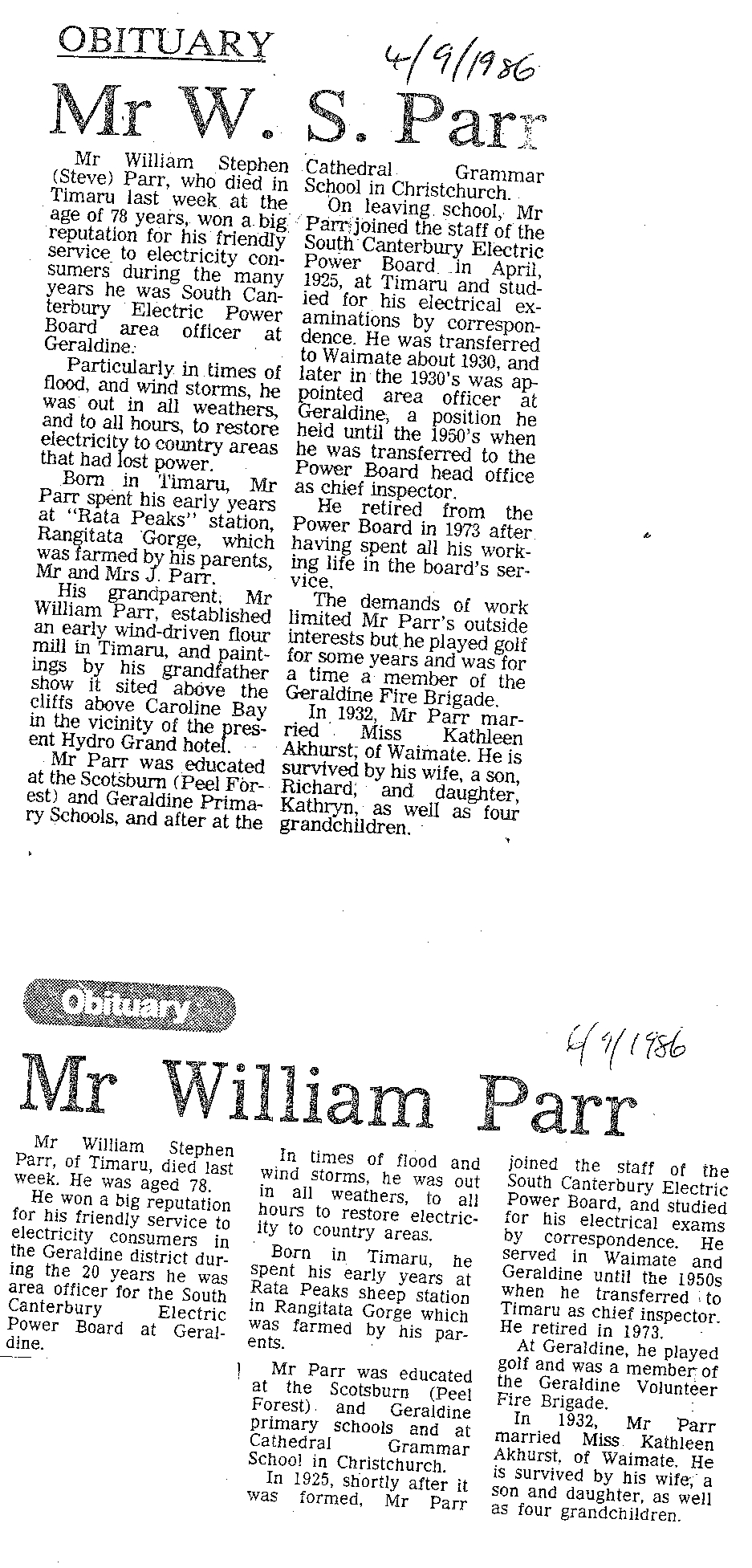 Obituary: Mr W S Parr