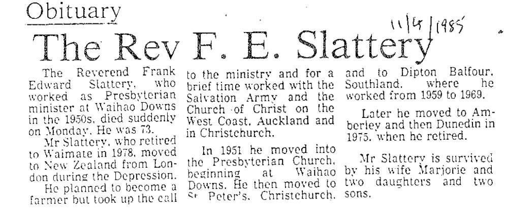 Obituary: The Rev F E Slattery