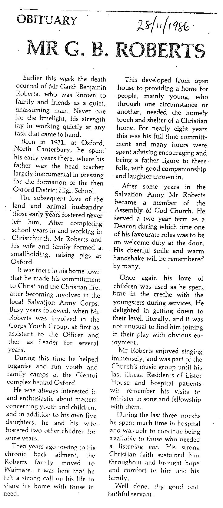Obituary: Mr G B Roberts