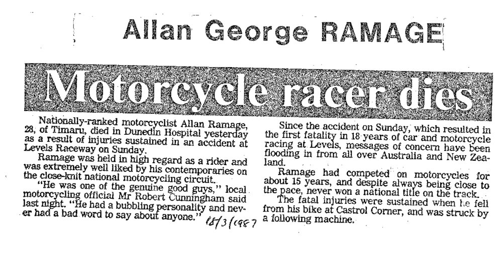 Obituary: Allan George Ramage, Motorcycle racer dies