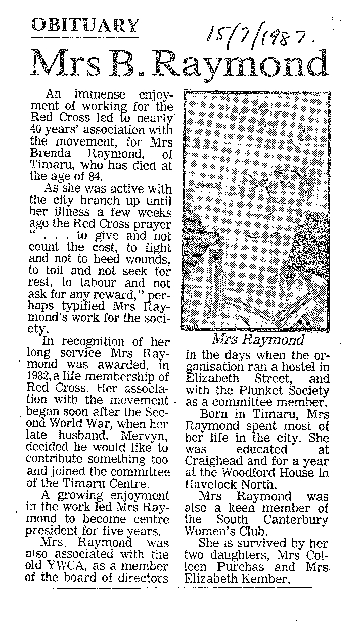 Obituary: Mrs B Raymond