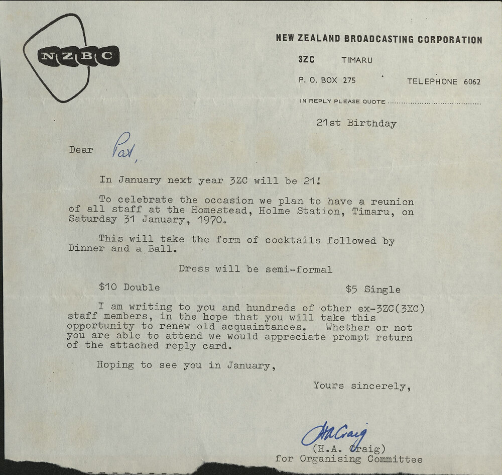 New Zealand Broadcasting Corporation letter re 3ZC 21st Birthday Reunion