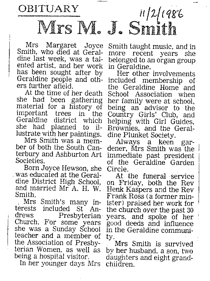 Obituary: Mrs M J Smith