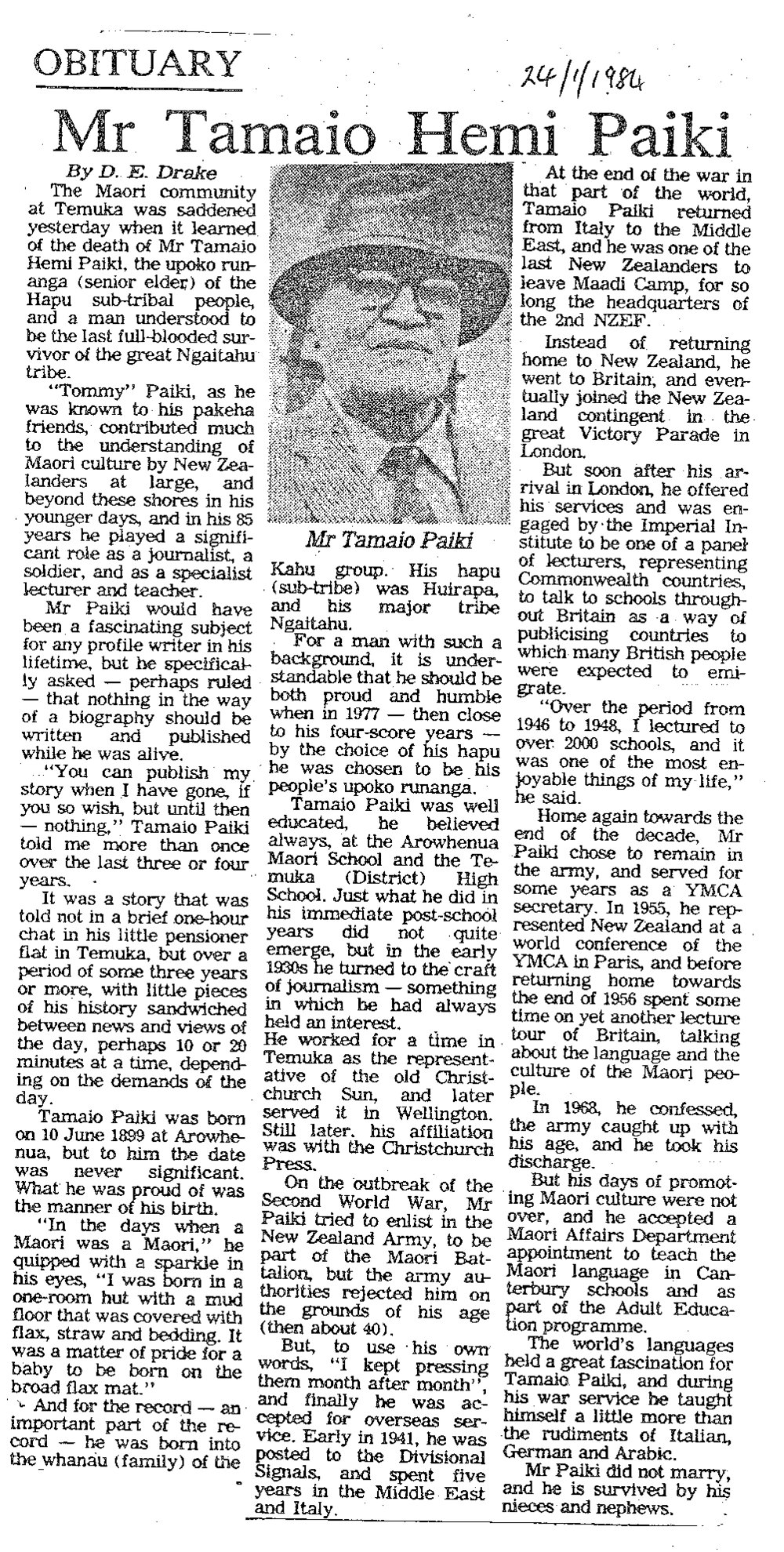 Obituary: Mr Tamaio Hemi Paiki