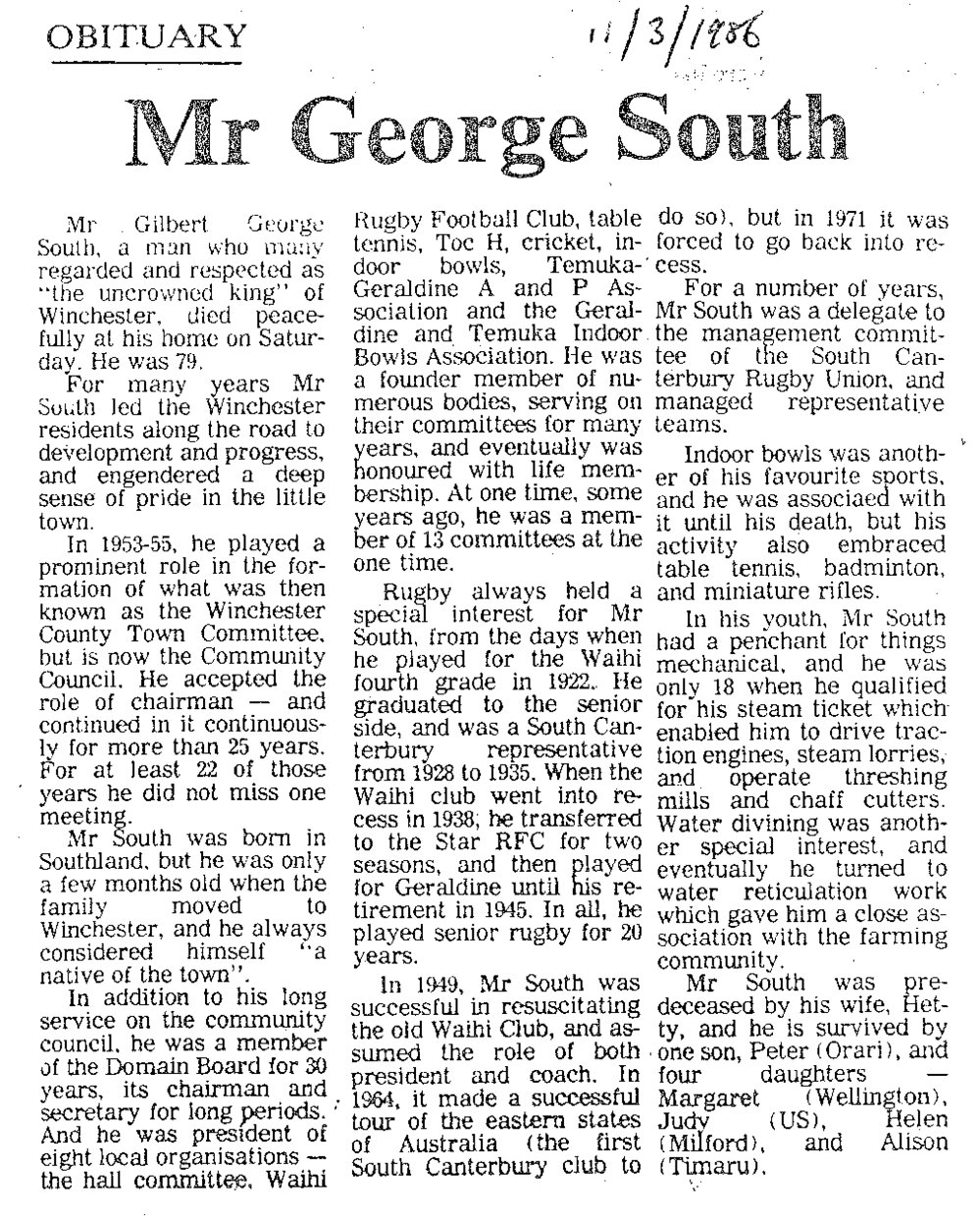Obituary: Mr George South