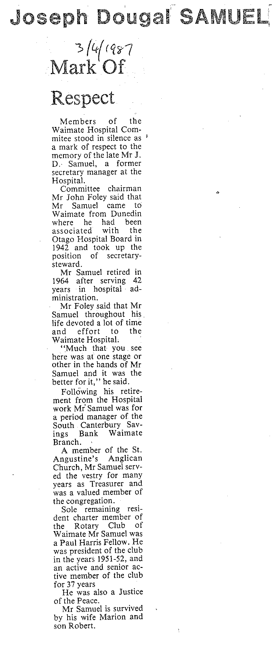 Obituary: Joseph Dougal Samuel, Mark Of Respect