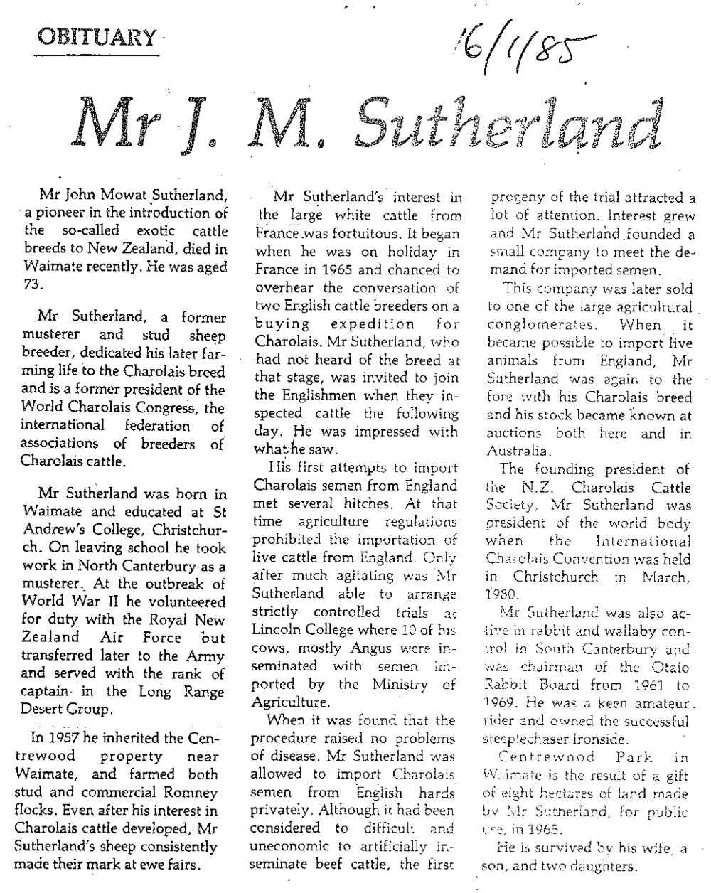 Obituary: Mr J M Sutherland