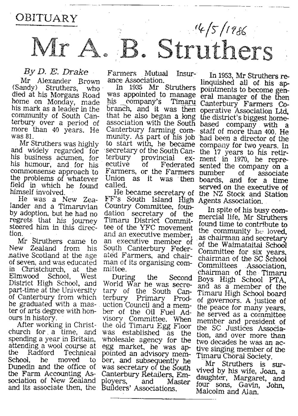 Obituary: Mr A B Struthers