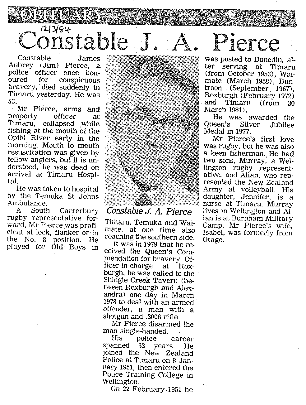 Obituary: Constable J A Pierce