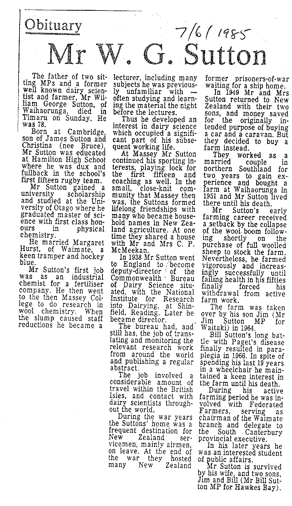 Obituary: Mr W G Sutton