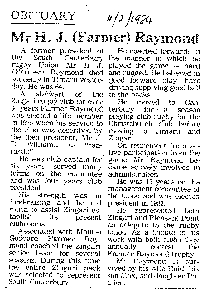 Obituary: Mr H J (Farmer) Raymond