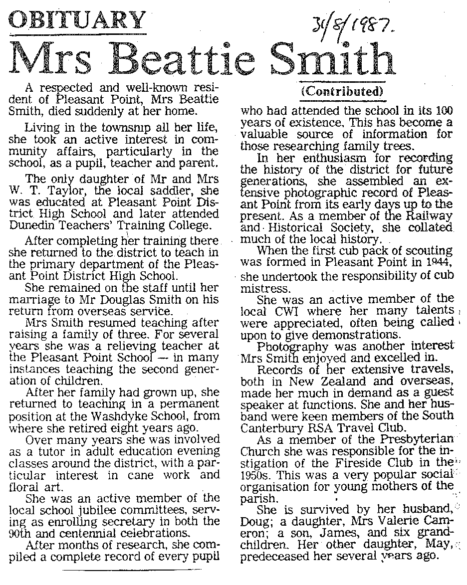 Obituary: Mrs Beattie Smith