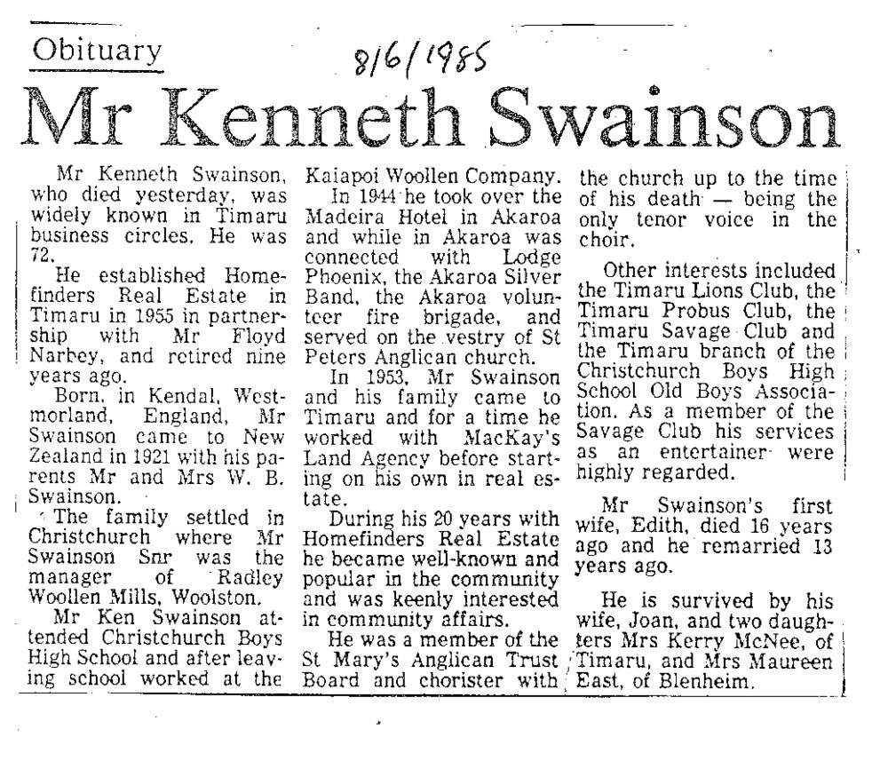 Obituary: Mr Kenneth Swainson
