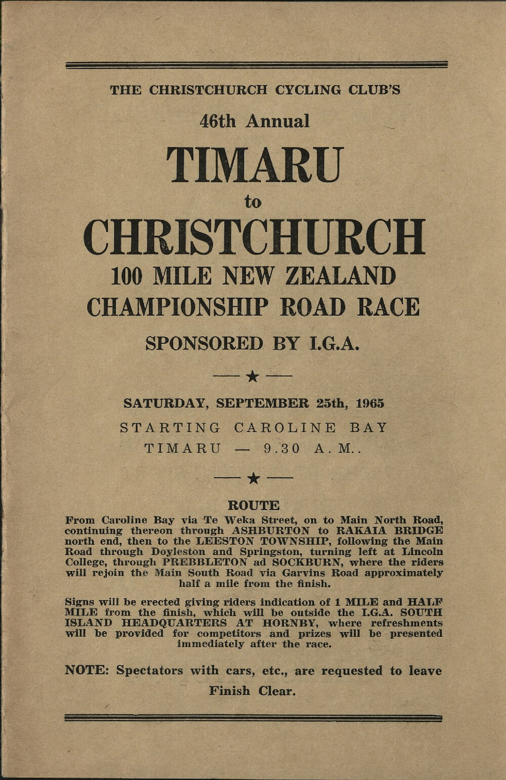 Timaru to Christchurch 100 Mile New Zealand Championship Road Race programme