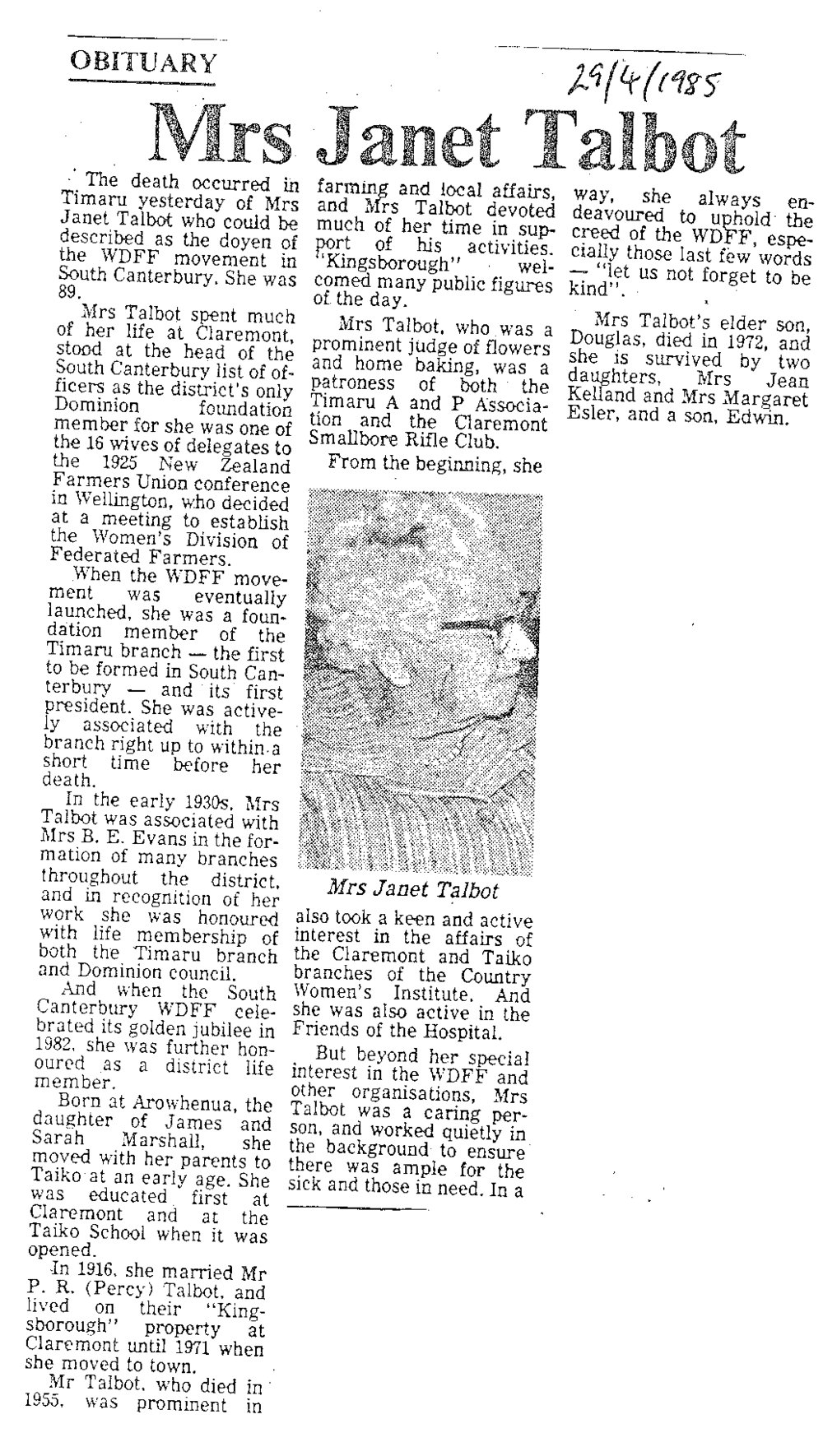 Obituary: Mrs Janet Talbot