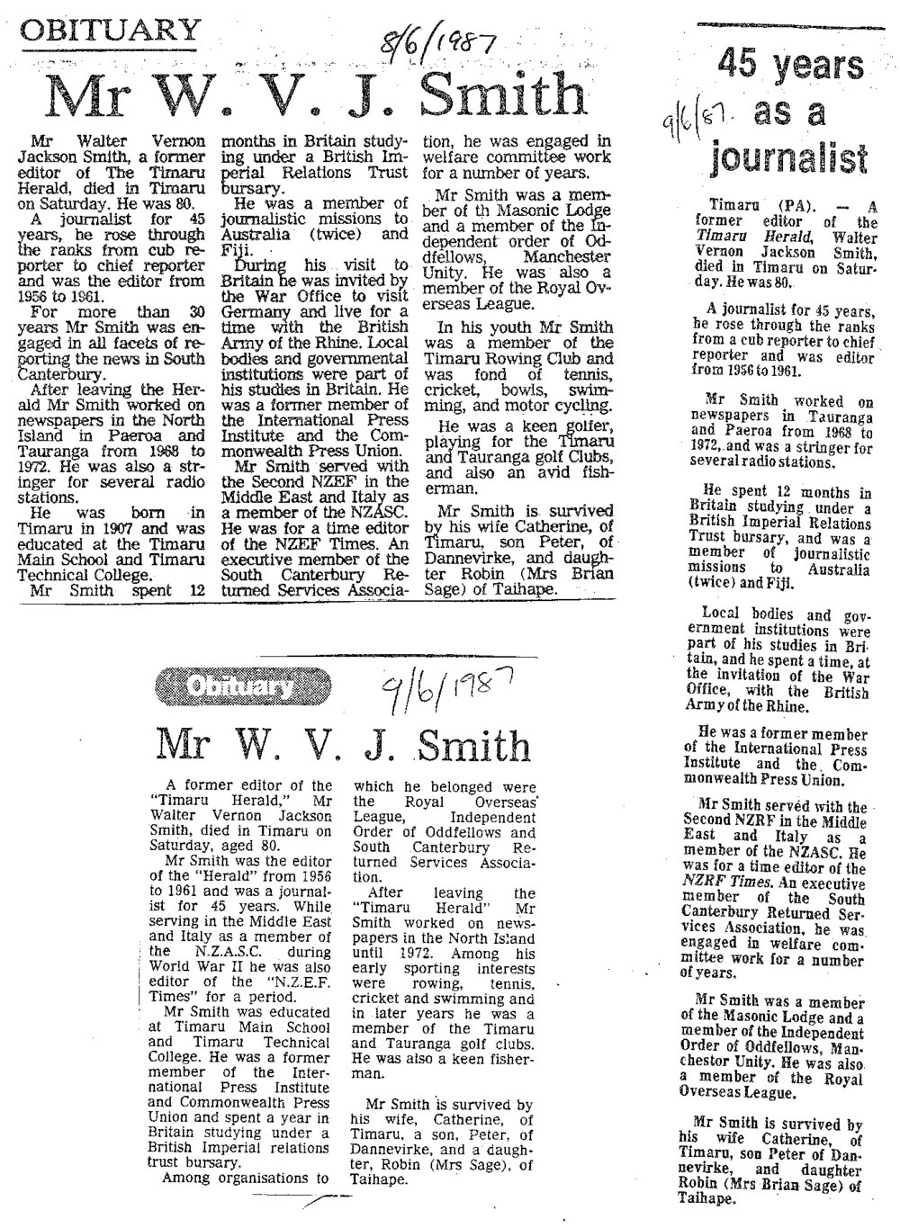 Obituary: Mr W V J Smith, 45 years as a journalist