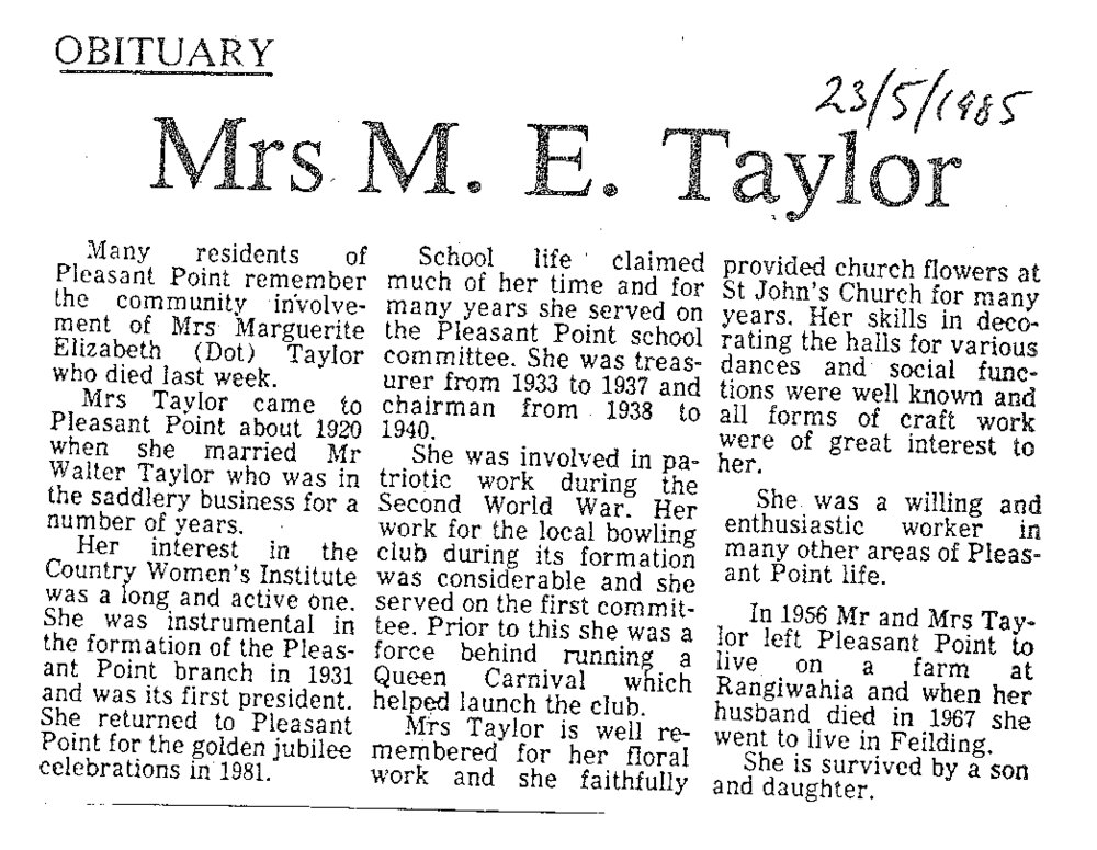 Obituary: Mrs M E Taylor