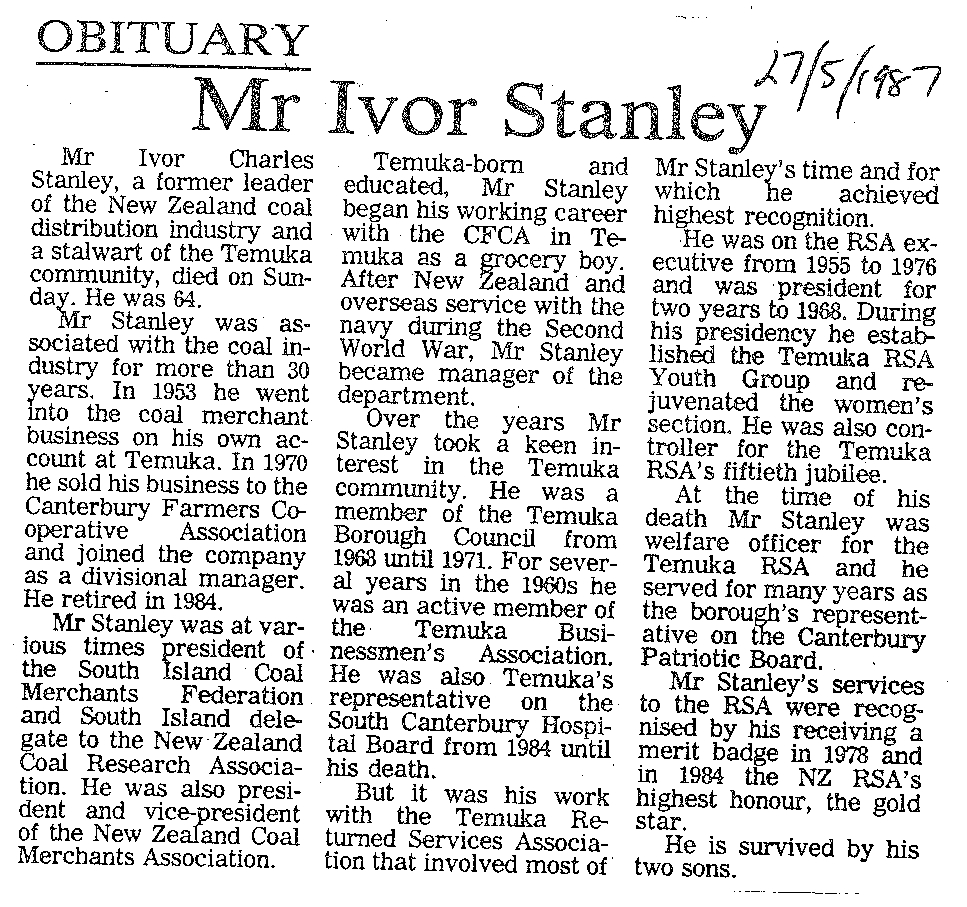 Obituary: Mr Ivor Stanley