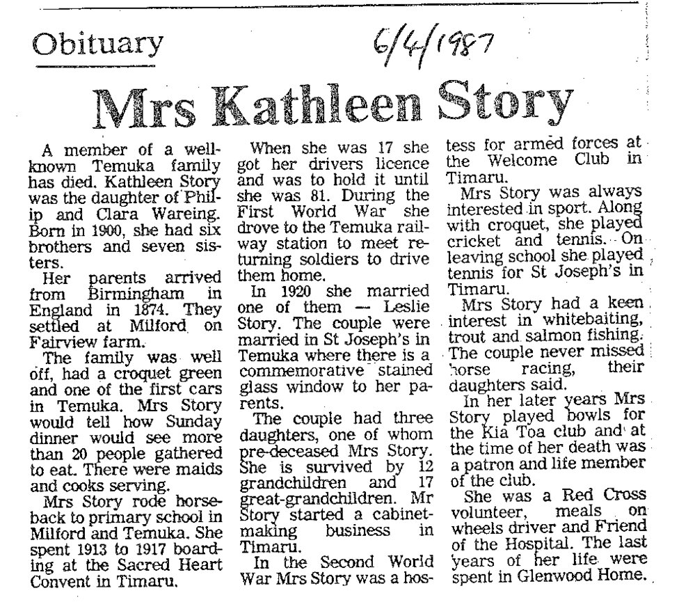 Obituary: Mrs Kathleen Story