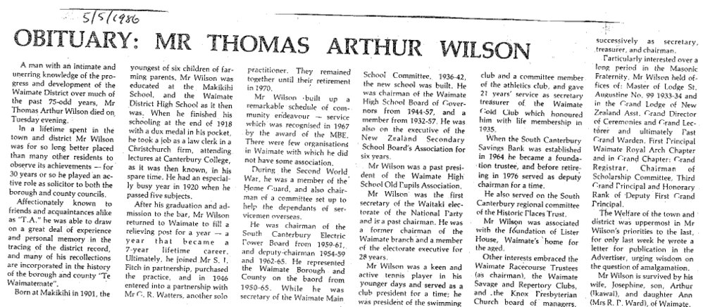 Obituary: Mr Thomas Arthur Wilson